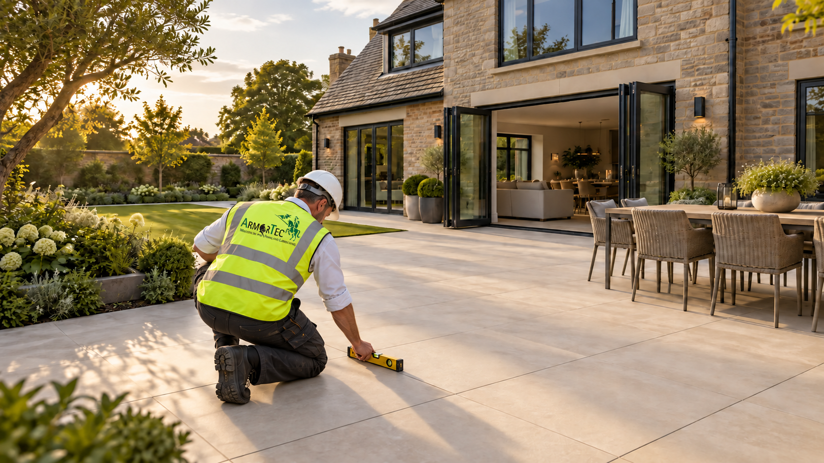 Warm buff resin-bound driveway with charcoal edging and planted borders
