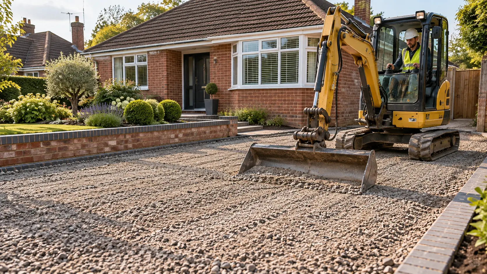 Mini excavator grading aggregate sub-base ready for a residential driveway