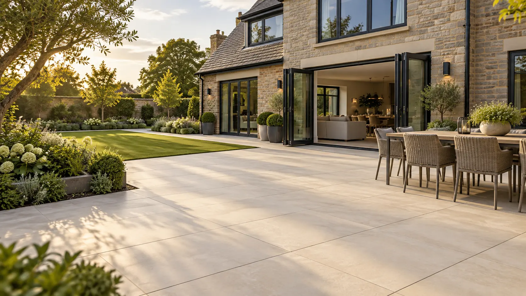 Pale porcelain patio with garden dining area, lawn and dark bifold doors