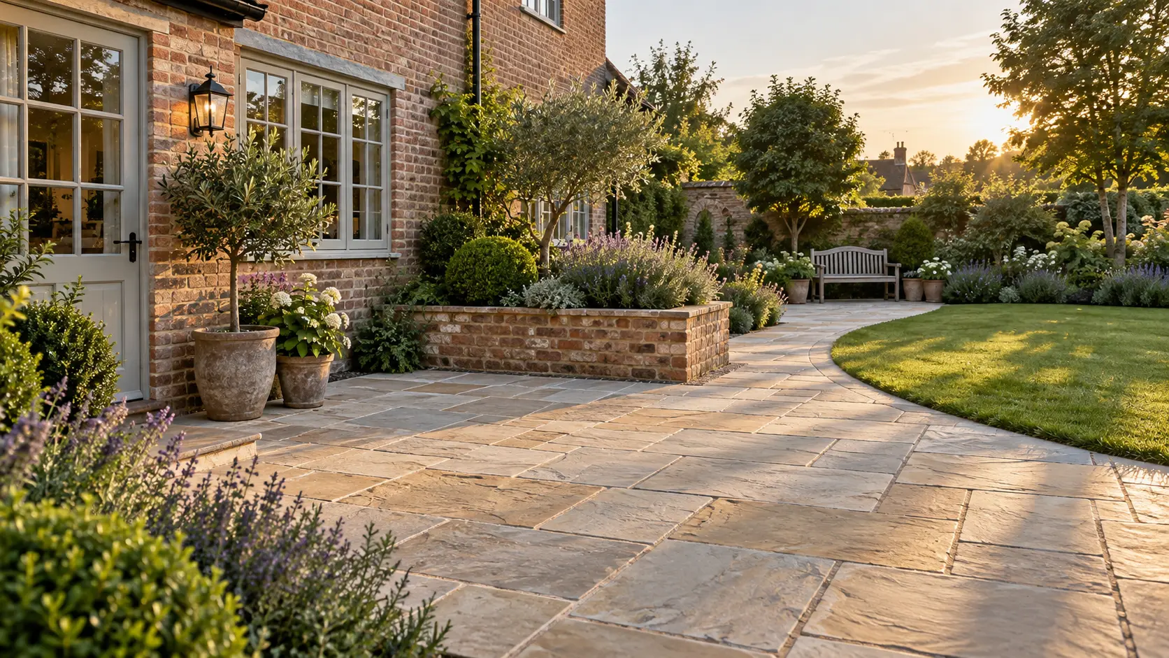Natural sandstone patio and curved garden path beside planted brick raised beds